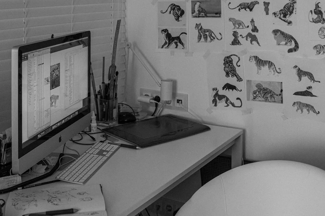 Un espace de bureau chaleureux décoré pour Noël, avec une tasse et l’écran d’un ordinateur portable affichant un site web.